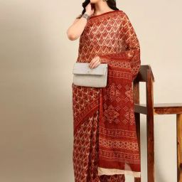 SHANVIKA Rust Pure Cotton Ikkat Saree-image-85