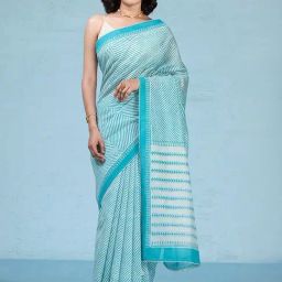 Taneira White & Blue Printed Saree With Unstitched Blouse-image-29