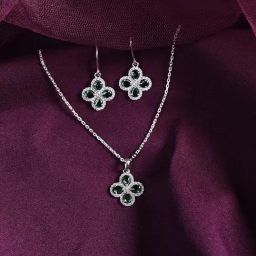 Clara 925 Silver Rhodium-Plated Swiss Zirconia Green Flower Pendant with Chain & Earring Set-image-60