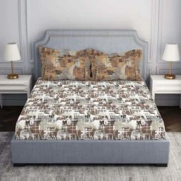 Spaces Atrium Ecom Dark Brown 100% Cotton 144 TC Double Bedsheet with 2 Pillow Covers-4