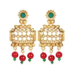 Priyaasi Gold-Plated Leaf Pattern Maroon Beaded Dangler Earrings-21