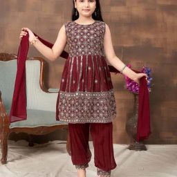 Aarika Kids Maroon Embroidered Kurti Set-image-80