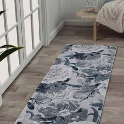 Obsessions Blue & Light Grey Polypropylene Floral Bedside Runner-picture-32