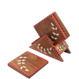 VarEesha Snow Leaf Brown Sheesham Wood Square-Shaped Coaster With Holder - Set of 4 image 4
