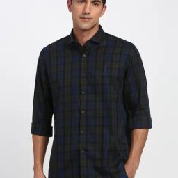 Peter England Navy Cotton Slim Fit Checks Shirt-image-87