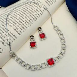 Abdesigns Silver-Plated Ruby American Diamond Necklace-15