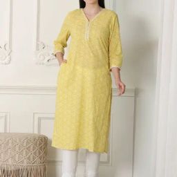 W Yellow Cotton Printed Straight Kurta-image-3