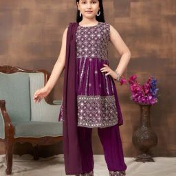 Aarika Kids Purple Embroidered Kurti Set-image-63