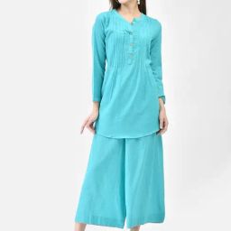 Span Tiffany Blue Cotton Solid Three-Quarter Sleeves Kurta-image-73
