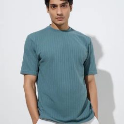 WES Lounge by Westside Teal Textured Relaxed-Fit Cotton-Blend T-Shirt-image-92