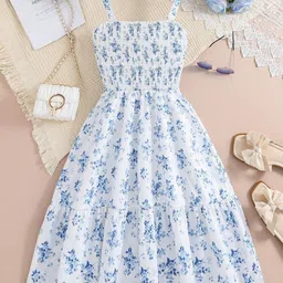 YK Girls Floral Print Shoulder Straps Smocked Fit & Flare Dress-image-9