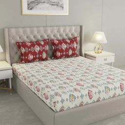 Raymond Home Camphor Cream & Red 144 TC Cotton Queen Bedsheet with 2 Pillow Covers-image-43