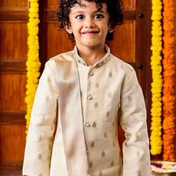 VASTRAMAY Boys Beige Self KurtaSets-image-7