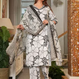 ARANGETRAM Floral Printed V-Neck Mirror Work Kurta With Trouser & Dupatta-48