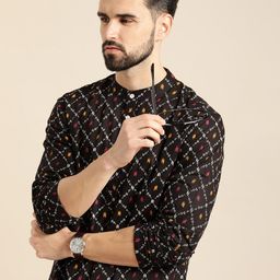 Anouk Men Black & Mustard Yellow Geometric Printed Kurta-28
