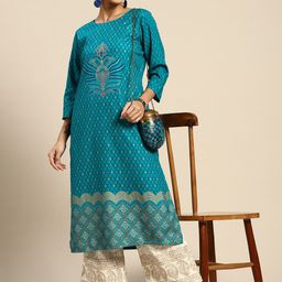 Sangria Women Turquoise Blue Ethnic Motifs Printed Kurta with Palazzos-picture-25