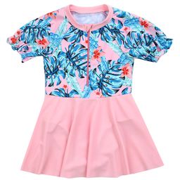 Babyhug Half Sleeves Frock Swimsuit Tropical Print - Pink-image-90