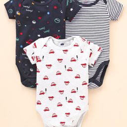 Simply Cotton Interlock Half Sleeves Striped Onesie Car Print Pack of 3 - Black & White-image-15