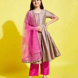 Cherry & Jerry Half Sleeves Embroidered Foil Printed Kurta Trouser With Dupatta - Grey-image-1