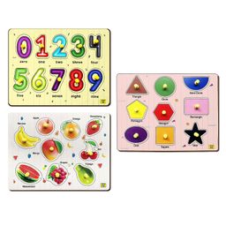 YaY Play Fruits and Geometric Shapes and 0 to 9 Number Shape Pegboard Wooden Puzzle Pack of 3 - 28 Pieces-15