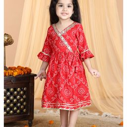 Kinder Kids Three Fourth Bell Sleeves Bandhej Designed & Sequin Lace Embellished Angrakha Style Fit & Flare Dress - Red-image-41