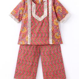 Teentaare Three Fourth Sleeves Kurta and Sharara Set Floral Print & Lace Embroidered - Pink-image-57