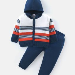 Babyhug Knitted Full Sleeves Striped Hooded Sweater Set - Blue & Orange-image-60