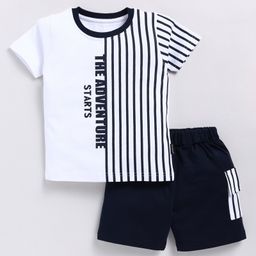 CUTOPIES Cotton Half Sleeves Stripped Tee & Shorts Set - Black-image-47