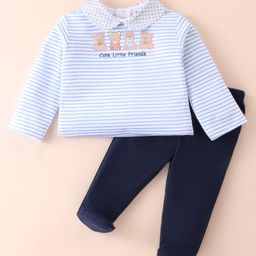 ToffyHouse Cotton Knit Full Sleeves Striped Collared T-Shirt & Footed Lounge Pants Set With Teddy Applique - Light Blue & Navy-image-73