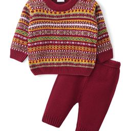 Babyhug Knitted Full Sleeves Sweater Set with Aztec Design - Maroon-image-56