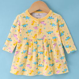Child World Interlock Knit Full Sleeves Front Open Frock with Dino Print - Yellow-image-19
