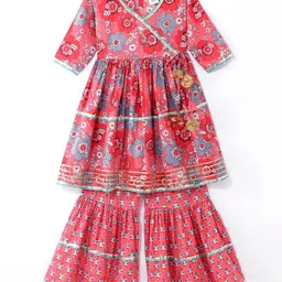 Teentaare Cotton Woven Full Sleeves Floral Printed Kurti & Gharara Set - Peach-picture-35