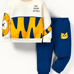 Googo Gaaga Cotton Full Sleeves Cat Printed Sweatshirt With Joggers Set - Cream & Blue-picture-15