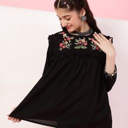 ISHTI Three Fourth Sleeves Frill Detailed Floral Embroidered Top - Black-image-95