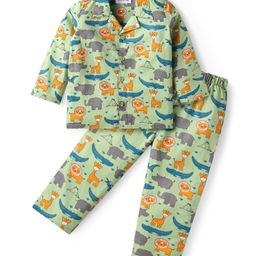 Babyhug Cotton Woven Full Sleeves Night Suit With Dino Print - Green-image-71