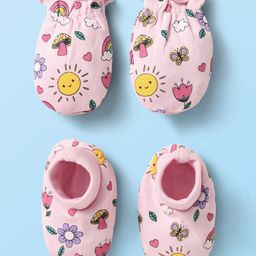 Babyhug 100% Cotton Interlock Knit Mittens & Booties With Floral Print - Pink-image-90