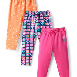 Babyhug Single Jersey Knit Full Length Leggings with Polka Dot & Floral Print Pack Of 3 - Pink & Orange-image-113