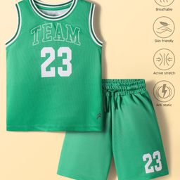 Pine Active Knit Sleeveless Number Printed Basketball T-Shirt & Shorts Set - Green-image-7