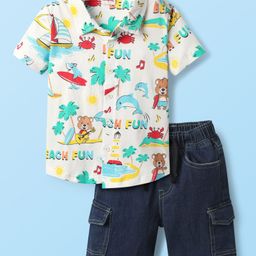 Babyhug Poplin Woven Half Sleeves Shirt & Denim Shorts Set With Beach Theme Print - White & Blue-image-71