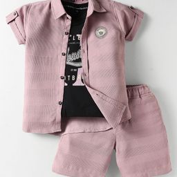 Rikidoos Cotton Half Sleeves Textured Shirt With Typography Printed Tee & Coordinating Shorts Set - Onion Pink & Black-image-37