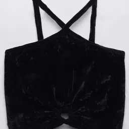 Taffykids Velvet Halter Neck Cut Out Detail Party Crop Top - Black-picture-26