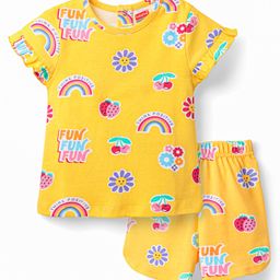 Babyhug Cotton Knit Half Sleeves Co-ords Short Night Suit With Floral Print - Yellow-image-77