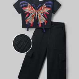 Ollington St. Cotton Half Sleeves Top with Butterfly Embellishment & Poly Waffle Pant Set - Black-image-84