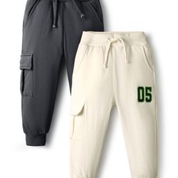 Bonfino 100% Cotton Fleece Knit Full Length Solid Trackpant with Cargo Pockets Pack of 2 - Grey & Off White-image-92