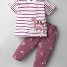 Teddy Sinker Knit Half Sleeves Night Suit With Stripes & Dino Print - Dark Pink-image-77