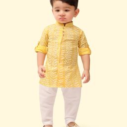 little desi Cotton Woven Full Sleeves Leaves Printed Kurta Pyjama Set - Yellow-image-28