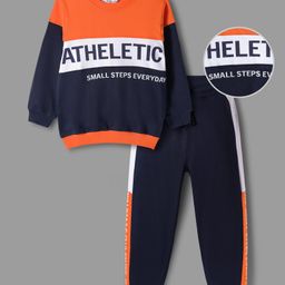 OLLINGTON ST. Cotton Knit Color Block Full Sleeves Sweatshirt & Knit Joggers - Navy & Orange-picture-2