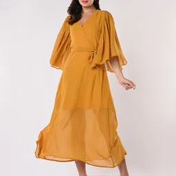 Iti Flared Sleeve Wrap Midi Dress with Belt-image-71