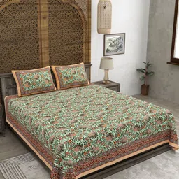 CLOTHOLOGY Green Floral Printed Pure Cotton 180 TC King Bedsheet Set 2.75 m x 2.25 m-picture-4