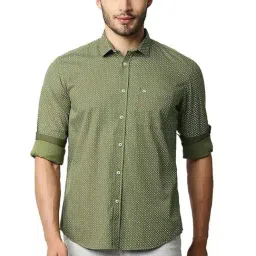 Basics Avocado Green Cotton Slim Fit Printed Shirt-picture-2